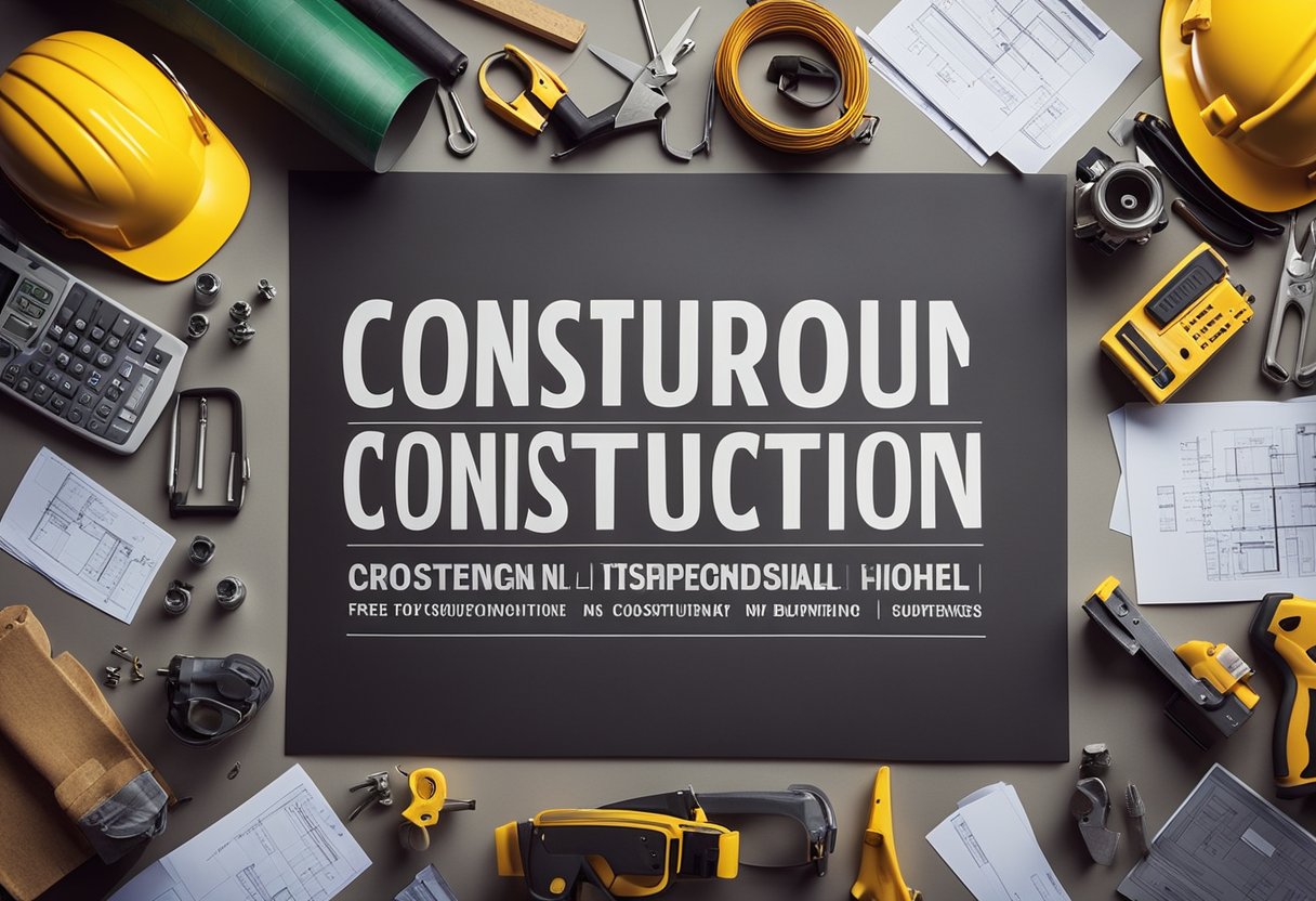 Construction materials and tools organized on a table with blueprints and safety equipment nearby. Signage promoting free construction courses displayed prominently