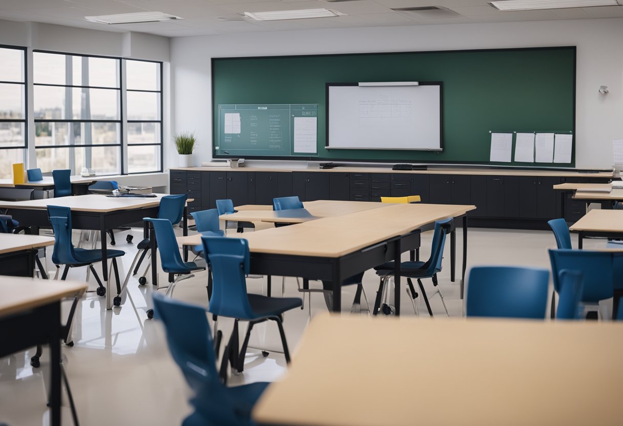 A classroom with diverse construction materials and tools, a whiteboard with course schedules, and engaged students learning and practicing hands-on skills