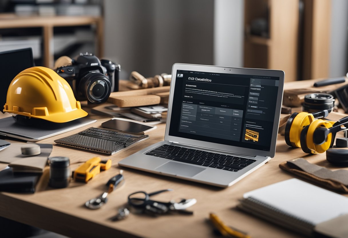 Construction materials and tools arranged neatly on a desk, with a laptop open to a free online construction course