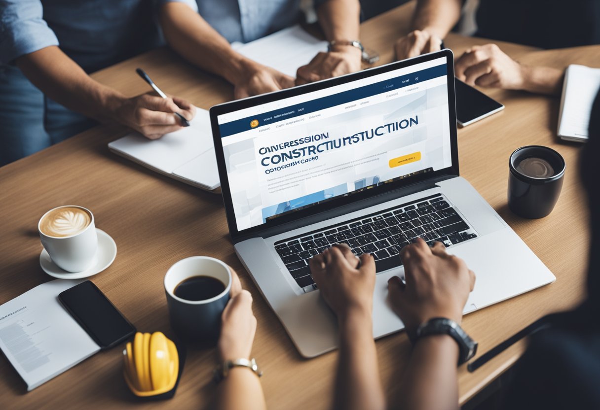 A diverse group of people accessing online construction courses on various platforms
