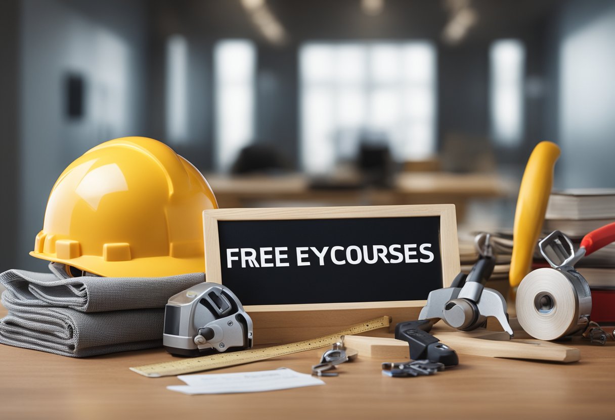 Construction materials and tools on a table, with a sign promoting free employability courses