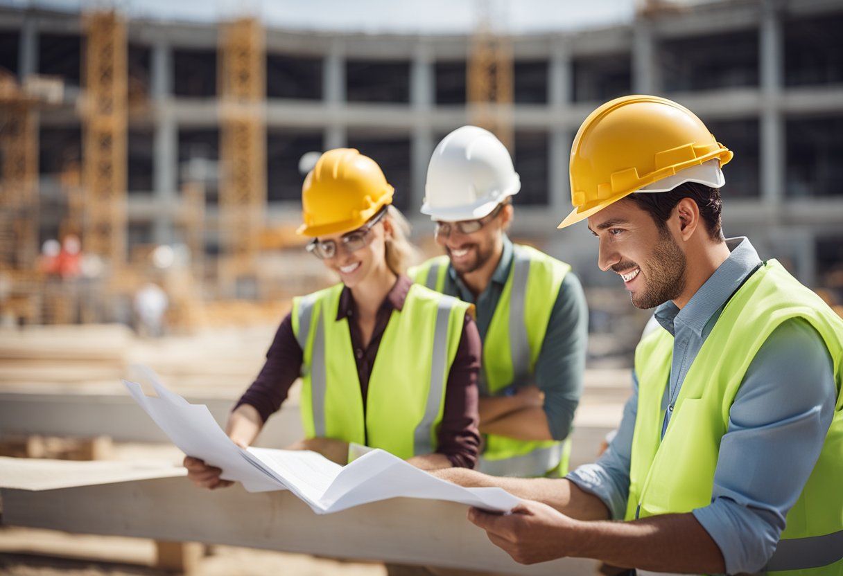 Workers collaborating, communicating, and problem-solving on a construction site