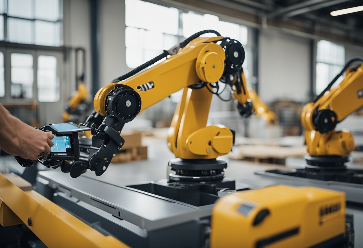 Robotic arms seamlessly integrate with construction machinery, while workers use digital tablets to access free online construction courses