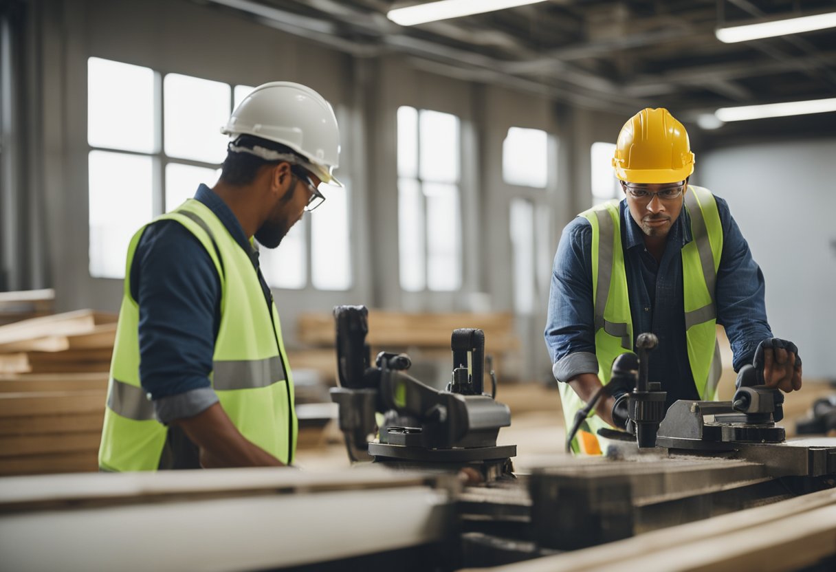 Workers operate heavy machinery on a construction site, while others study blueprints and tools in a classroom setting